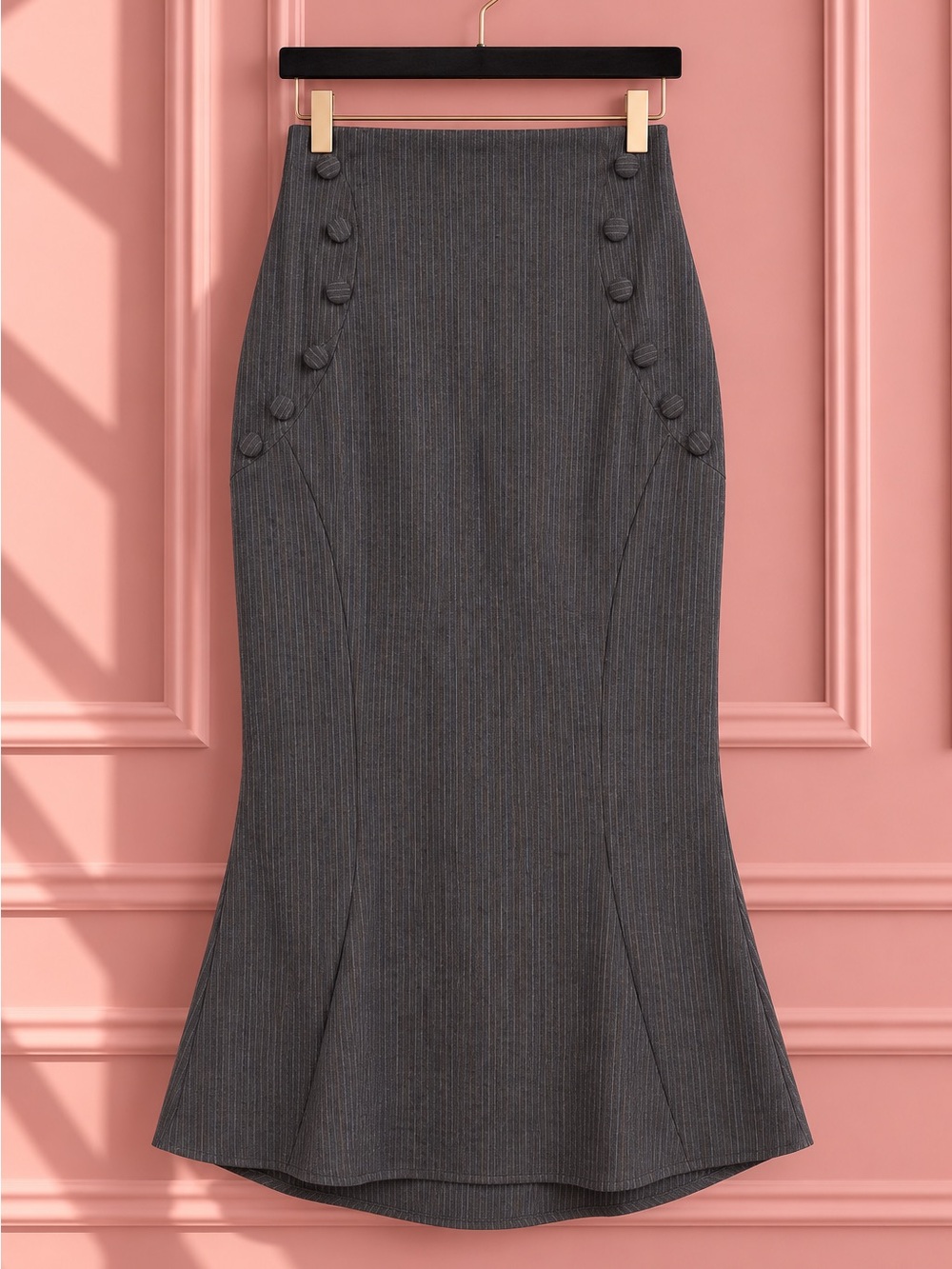 Vintage Le Château Gray Pinstripe Button-Detail Midi Skirt Size 3/4